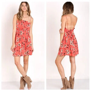 Free People Jolene Floral Mini Dress XS Coral Pink Sleeveless Tie Back Slip Boho